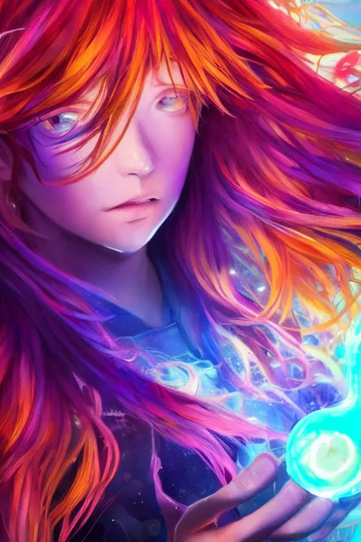 Prompt: girl sorcerer with colorful hair, learning use magic. radiating colorful energy. photorealistic, magical atmosphere,, holographic undertones, highly saturated colors, by kan liu, andreas rocha, guillaume tholly, gthl. art, makoto shinkai, genshin impact, studio ghibli. trending on artstation. award winning, daily deivation