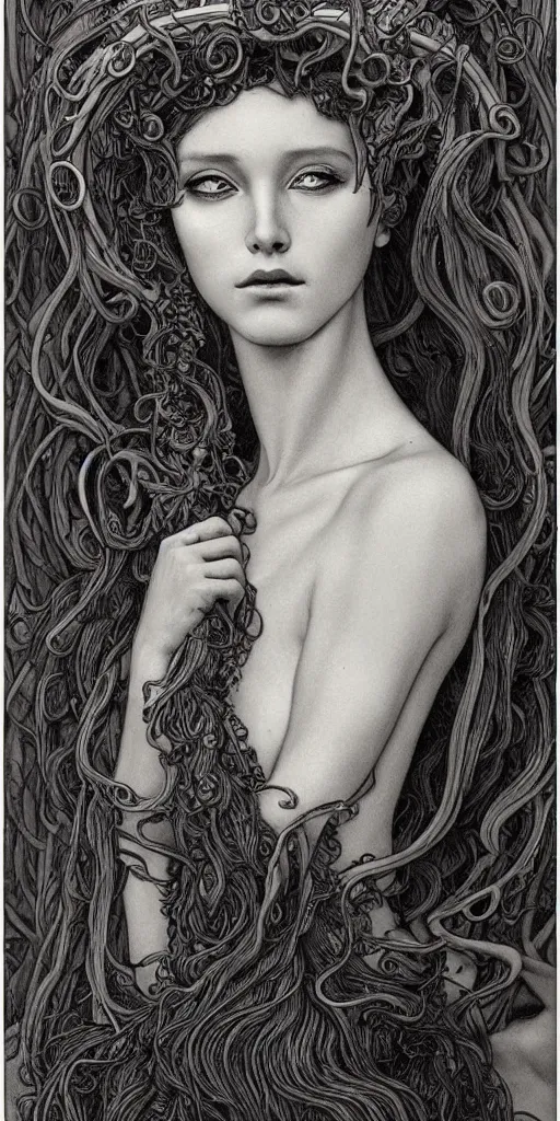 Prompt: a beautiful hyperrealistic portrait pose of a stunning Medusa model in a black glossy scaled dress, intricate, elegant, highly detailed, smooth, sharp focus, award-winning, masterpiece, in the style of Moebius, Brian Froud, John Bauer, Alphonse Mucha