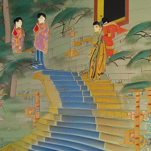 Image similar to stairs in Style of korean traditional folktale painting by Shin Yun-bok; Sin Yun-bok ; 8k resolution