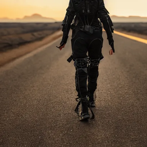 Image similar to photograph of a techwear woman, closeup, on a desert road with a futuristic city in the horizon, sigma 85mm f/1.4, 4k, depth of field, high resolution, 4k, 8k, hd, full color