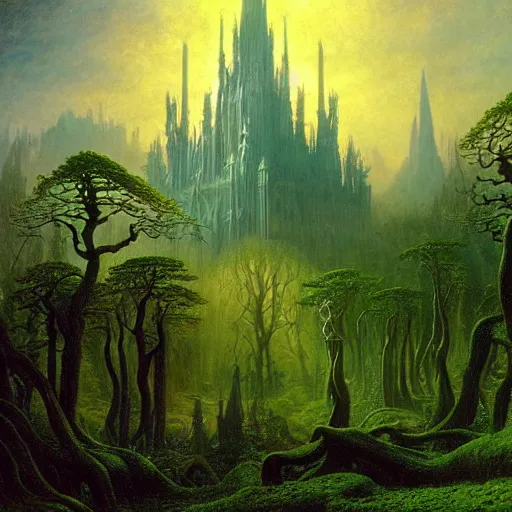 Prompt: a beautiful and highly detailed matte painting of an elven cathedral in a mystical celtic forest, alien trees and plants and flowers, twisted spires, wide angle, by caspar friedrich, albert bierstadt, james gurney, brian froud,