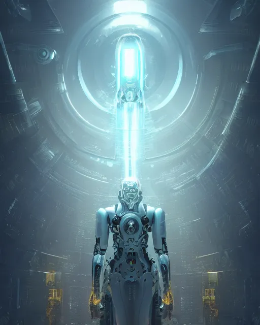 Image similar to benevolent cyborg necromancer, scifi, futuristic, helpful, kind, intelligent, alien room background, white, blue, gold, highly detailed, trending on artstation, soft light, holy machine, advanced technology, art by vitaly bulgarov and nivanh chanthara and lance wilkinson