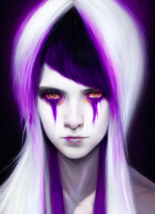 Image similar to hair whitebangs hair, black cyberlox, portrait of teenage girl with white bangs, whitebangsblackhair, messy bangs, cyberlox, whitebangs, red irises, purple clothes, intricate, elegant, glowing lights, highly detailed, digital painting, artstation, concept art, sharp focus, illustration, art by wlop, mars ravelo and greg rutkowski