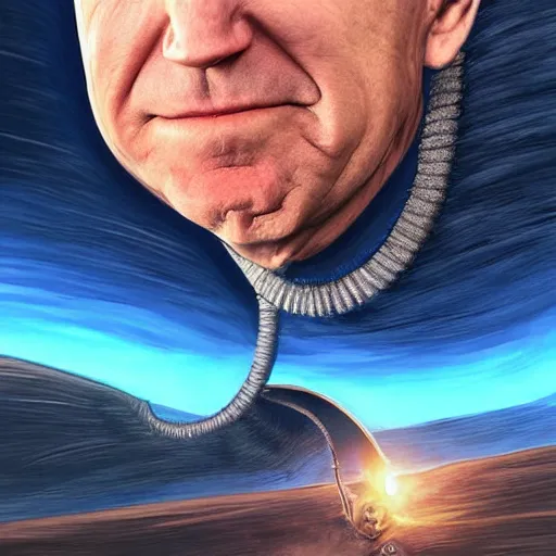 Image similar to joe biden's face a dune sandworm body shai-hulud cover art dune; photorealistic cgi movie poster style, artstation, Mihai, sandworm, shai-hulud