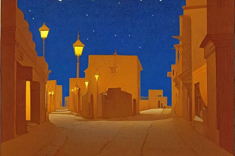 Image similar to winding street at midnight in a very old very beautiful city in saudi arabia by George Price Boyce and Nicholas Roerich and William Dyce, glowing paper lanterns, strong dramatic cinematic lighting , ornate tiled architecture, lost civilizations, smooth, sharp focus, extremely detailed