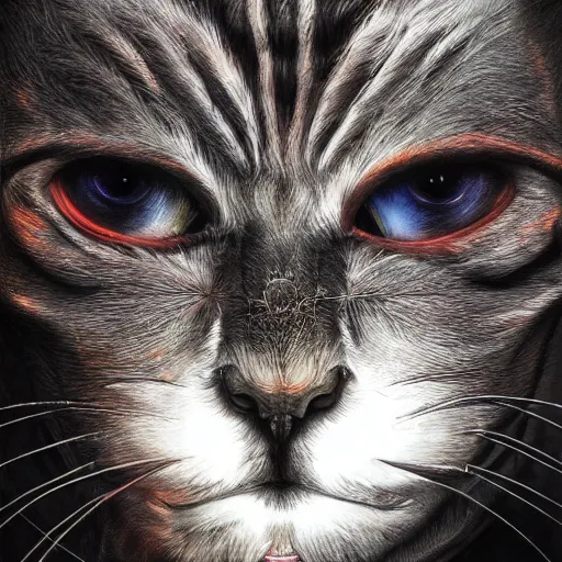 Image similar to photorealistic demonic cat in the style of michael whelan and gustave dore. hyperdetailed photorealism, 1 0 8 megapixels, amazing depth, glowing rich colors, powerful imagery, psychedelic overtones, 3 d finalrender, 3 d shading, cinematic lighting, artstation concept art