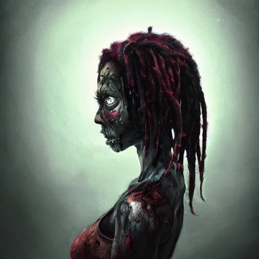 Image similar to color head portrait of young alison shaw from the cranes as a zombie with black dreadlocks, 7 days to die zombie, gritty background, fine art, award winning, intricate, elegant, sharp focus, cinematic lighting, digital painting, 8 k concept art, art by michael hussar, art by brom, art by guweiz and z. w. gu, 8 k