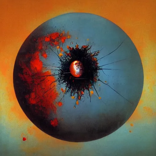 Image similar to a sphere being devoured by abstract splatters of paint in the style of francis bacon, venus being engulfed in flames in the style of james jean, surreal, beksinski, high detailed