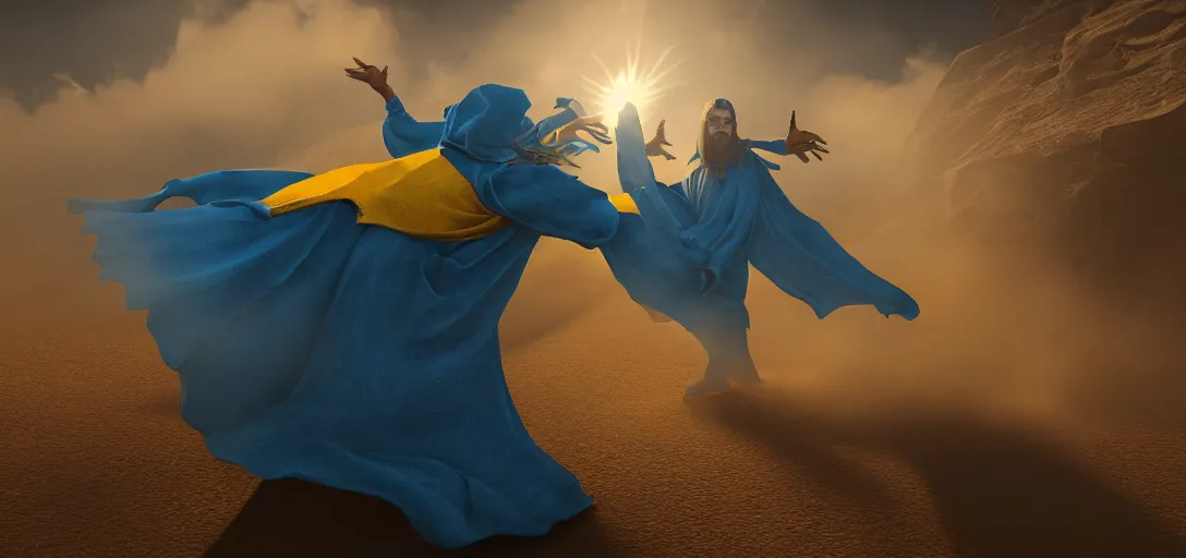 Prompt: an evil demon in blue and yellow robes fighting an angel in white robes in a desert, luminescent eyes, sunny weather, rendered in octane, realistic, 8 k, vivid, intricate, detailed, mist, fog, dramatic light