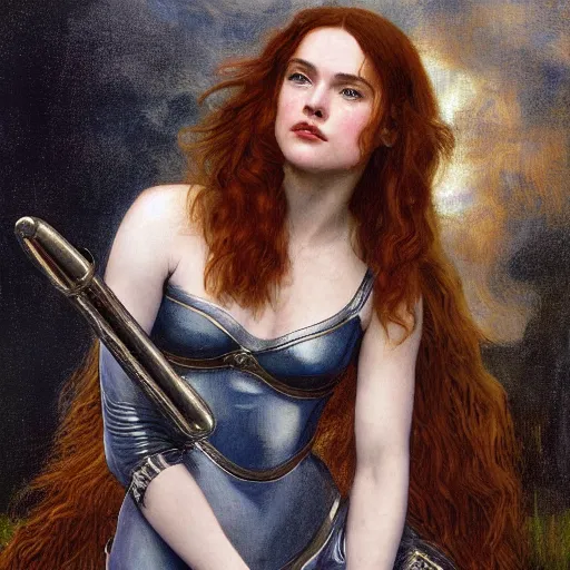 Image similar to da pre raphaelite painting of daisy ridley as barbarella by dante gabriel rossett