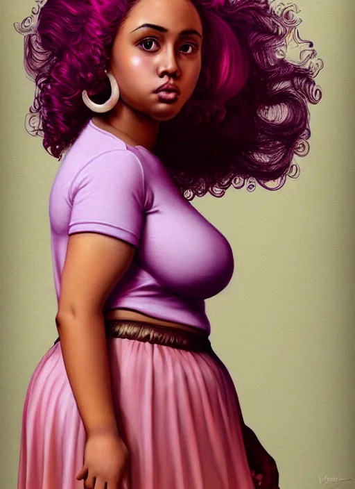 Image similar to full body portrait, teenage vanessa morgan, pink hair, brown skin, obese, curly pixie hair, sultry, realistic, short hair, hoop earrings, skirt, shirt, fat, belly, intricate, elegant, highly detailed, digital painting, artstation, concept art, smooth, sharp focus, illustration, art by wlop, mars ravelo and greg rutkowski