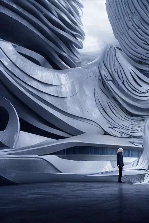 Image similar to a futuristic scene with an log silver haired beautiful donald trump in a white flowing dress, in front of a zaha hadid building, cinematic matte painting, extreme detail photo quality, dark moody colors, featured on behance