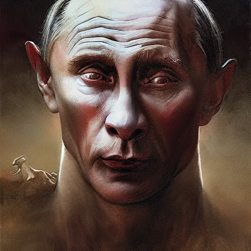 Image similar to vladimir putin is anthropomorphic goat hybrid, face of putin macabre, horror, by donato giancola and greg rutkowski and wayne barlow and zdzisław beksinski, digital art