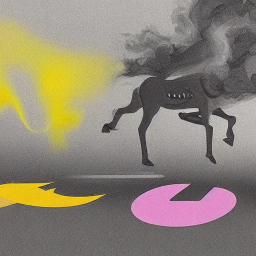 Image similar to muted-neon-color-smoke wisps waft on a current of air through a low energy cluttered parlor and coalesce onto the floor into a close-up outline reminiscent of a high-energy racing horse crossing the finish line.