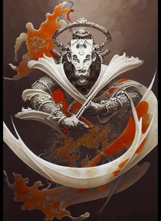 Image similar to subsurface scattering, white, koi, samurai deity with koi armor, art nouveau swirls, octane render, by jesper ejsing, james jean, justin gerard, tomasz alen kopera, cgsociety and fenghua zhong, highly detailed, rim light, cinematic lighting, art, very coherent, cinematic, hyper realism, high detail, 8 k