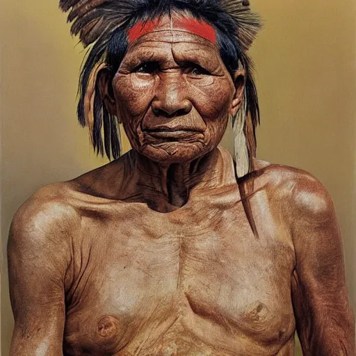 Image similar to high quality high detail painting by lucian freud, hd, full body of a indigenous tribe leader, photorealistic lighting