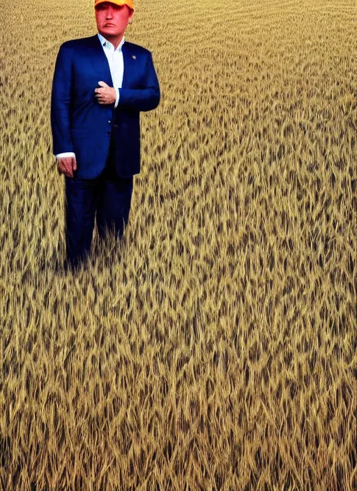 Image similar to a full body portrait of a person looking like donald trump working in rice field in mountains, hot sun, by chinese artists