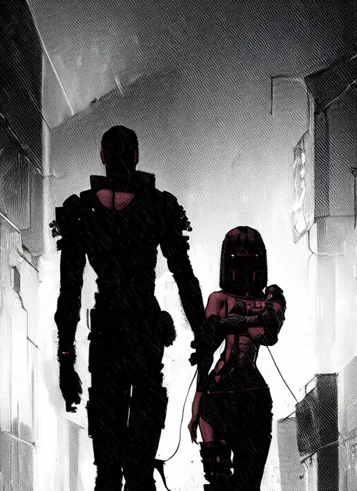 Prompt: cyberpunk warrior couple , raining, in an alley at night back lit, by webang111 and Maciej Kuciara and Ilya Kuvshinov, trending on artstation