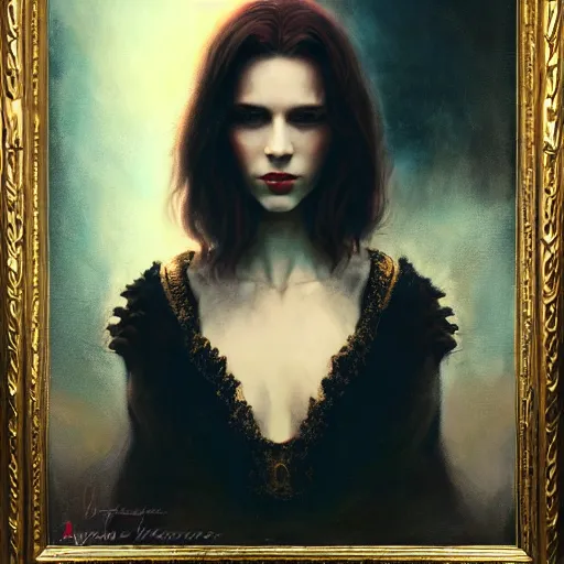 Prompt: majestic gracious regal aristocratic female brunette vampire portrait, atmospheric lighting, painted, menacing, intricate, volumetric lighting, beautiful, rich deep colours masterpiece, golden hour, sharp focus, ultra detailed, by leesha hannigan, ross tran, thierry doizon, kai carpenter, ignacio fernandez rios