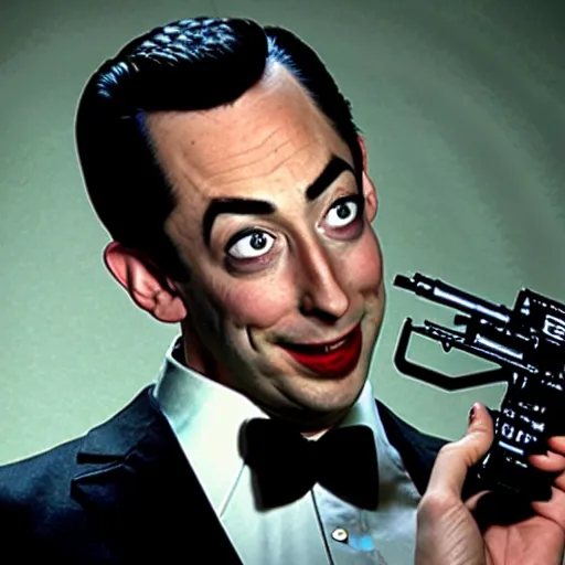 Prompt: Pee Wee Herman as The Punisher ,photography, action shot