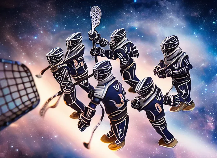 Image similar to lacrosse team, playing intergalactic championship, in space, versus chitauri, highly detailed, 8k, intricate, sony a7r iv 55mm, award winning.