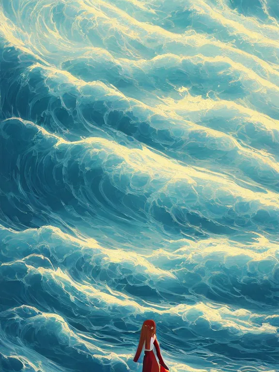 Prompt: Classical oil painting of the ocean waves, beautiful portrait, official anime artwork, stylistic, brush strokes, oil, canvas, by James Gilleard