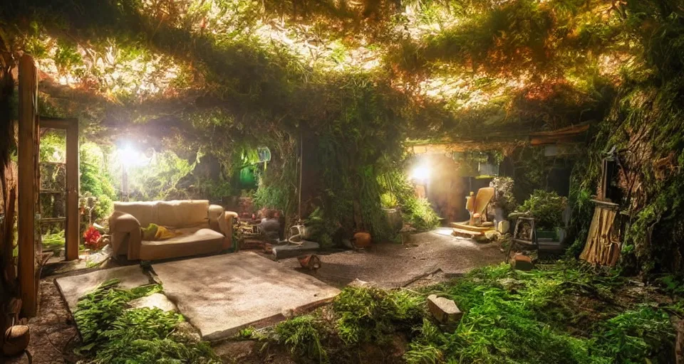 Prompt: a cozy mancave with an overgrown entrance, studio Ghibli style, golden hour