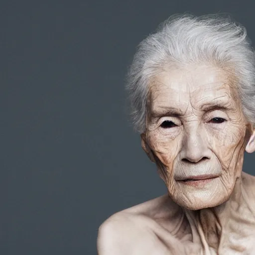 Prompt: a muted colors natural make-up portrait Photograph of an elderly model, editorial story, Vogue Italy, editorial photography