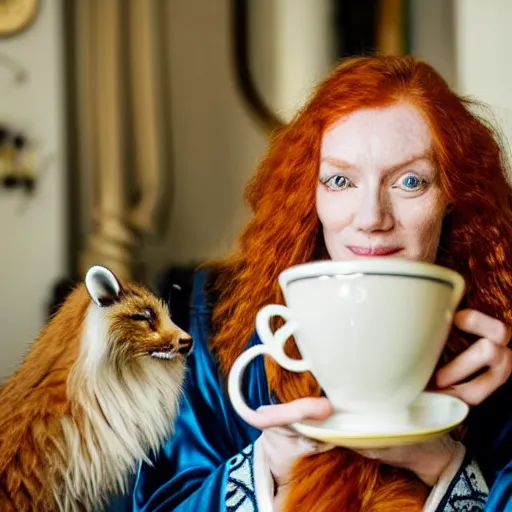 Prompt: a stunning hyper-detailed closeup portrait photo of a slender beautiful smiling woman with long ginger hair and bangs, wearing a luxurious silk robe, wearing headphones and posing with her large ginger tabby cat and her raccoon and parrots in an overstuffed easy chair in her sunlit victorian living room, holding a porcelain parrot-shaped coffee mug and a donut, perfect eyes, fashion photography, octane render, unreal engine, 85 mm lens,