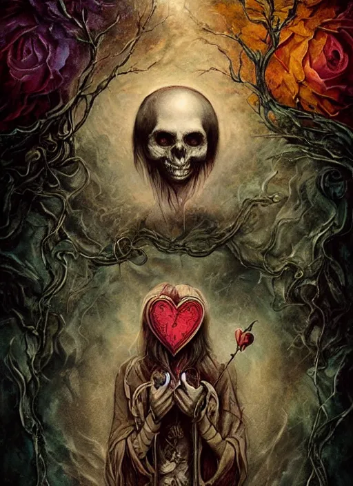 Prompt: the knave of hearts, death tarot card, highly detailed, half skull face, cinematic, 8 k, by megan duncanson, benjamin lacombe, adrian borda, stanley artgermm, tom bagshaw, craig mullins, carne griffiths, ayami kojima, beksinski, giger, trending on deviantart, hyper detailed, horror, full of colour