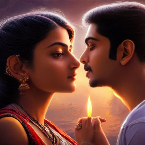 Image similar to perfectly centered movie promotional poster photograph of a young indian guy and a beautiful girl side profile faces symmetrical ; real life portrait, ultra realistic, concept art, intricate details, eerie, highly detailed, photorealistic, octane render, 8 k, unreal engine ; romantic theme, two lovers sharing one heart ; art by artgerm, greg rutkowski, charlie bowater