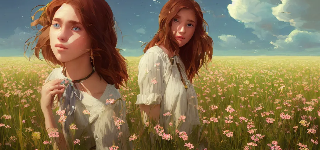 Image similar to a beautiful southern woman named Savannah, innocent, somber turquoise eyes, freckles, long ginger hair tied with white ribbon, relaxed in a field of flowers on a farm, gentle lighting, storm in the distance, western clothing, dress, digital art by Makoto Shinkai ilya kuvshinov and Wojtek Fus, digital art, concept art,