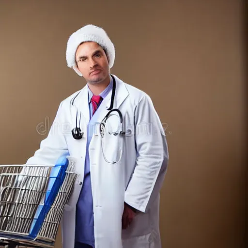 Prompt: doctor in a white coat, in a bright white room, holding a cart, looking concerned, stock photograph