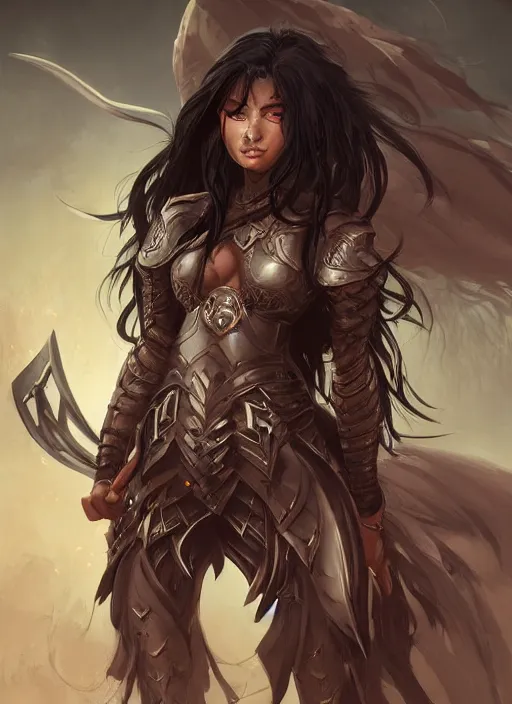 Image similar to beautiful warrior lady, black long hair, practical armor, brown skin, demonic eyes, low fantasy, extremely detailed, sharp focus, smooth, digital illustration, by rossdraws, frank franzzeta, sakimichan