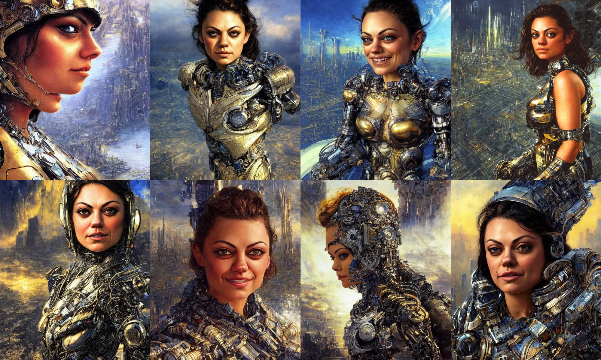 Prompt: close - up portrait of epic mila kunis smiling into camera, intricate cyborg armor, vista of futuristic city, windy, golden hour, wlop, by gerald brom, by mikhail vrubel, by peter elson, muted colors, extreme detail, trending on artstation
