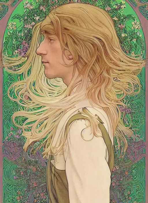 Image similar to book cover, pretty young man with shoulder length blond hair, male, half body shot, flower pattern background, path traced, highly detailed, high quality, digital painting, by studio ghibli and alphonse mucha, leesha hannigan, hidari, art nouveau, chiho aoshima, jules bastien - lepage