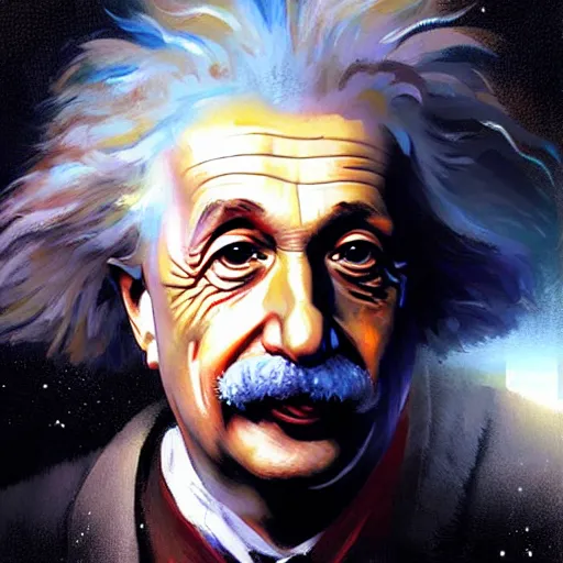 Image similar to Portrait painting of Einstein traveling with a time machine by his hands by greg rutkowski and Craig Mullins