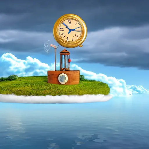 Image similar to a clock floating on an floating island, there are clouds around, it is on earth, on the background there are other floating islands too, floating at the ozone layer, cartoony, 4 k resolution, award winning