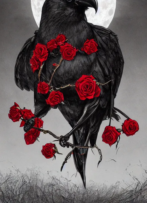 Image similar to portrait, A crow with red eyes in front of the full big moon, book cover, red roses, red white black colors, establishing shot, extremly high detail, foto realistic, cinematic lighting, pen and ink, intricate line drawings, by Yoshitaka Amano, Ruan Jia, Kentaro Miura, Artgerm, post processed, concept art, artstation, matte painting, style by eddie mendoza, raphael lacoste, alex ross