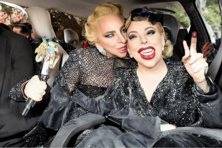 Image similar to lady gaga and judy garland doing carpool karaoke, lady gaga and judy garland, carpool karaoke, lady gaga, judy garland, carpool karaoke, youtube video screenshot, the late late show with james corden