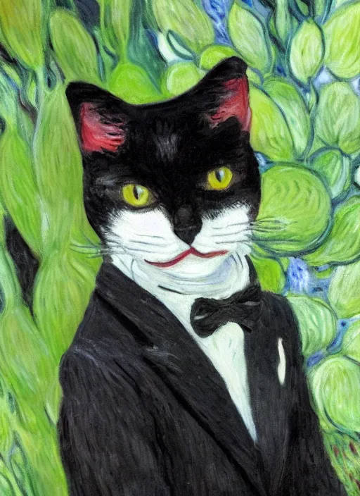 Image similar to tuxedo cat in chef costume chews on a wax plant, oil painting, by monet