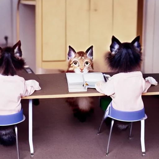 Image similar to anthropomorphic cute kittens sitting at their desks on the first day of kindergarten, medium shot by Wes Anderson