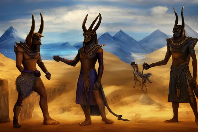 Image similar to battle to the death between anubis and bob ross, 4 k, hd, concept art