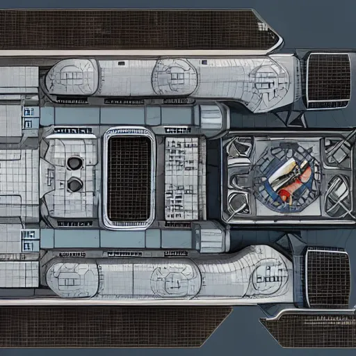 Prompt: top down view, floor layout of a space station for a sci-fi tabletop roleplaying game