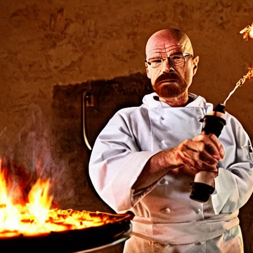Prompt: walter white making pizza!!! margherita! with a blowtorch!! in the desert, dramatic lighting, movie poster