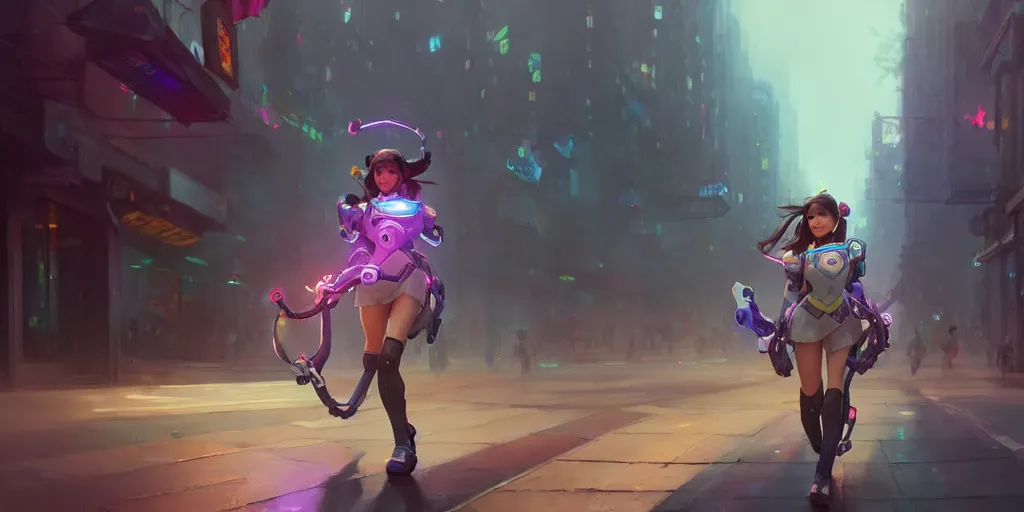 Prompt: d. va from overwatch, walking through a busy city, extremely detailed digital painting, in the style of fenghua zhong and ruan jia and jeremy lipking and peter mohrbacher, mystical colors, rim light, beautiful lighting, 8 k, stunning scene, raytracing, octane, trending on artstation