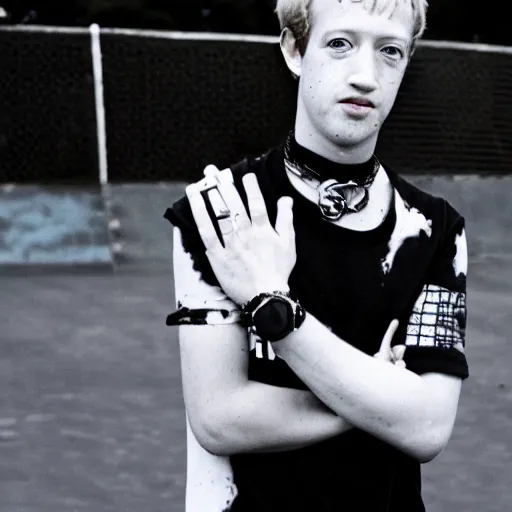 Prompt: bleached blonde mark zuckerberg with choker necklace looking edgy and punk rock at the skatepark 1 9 9 5