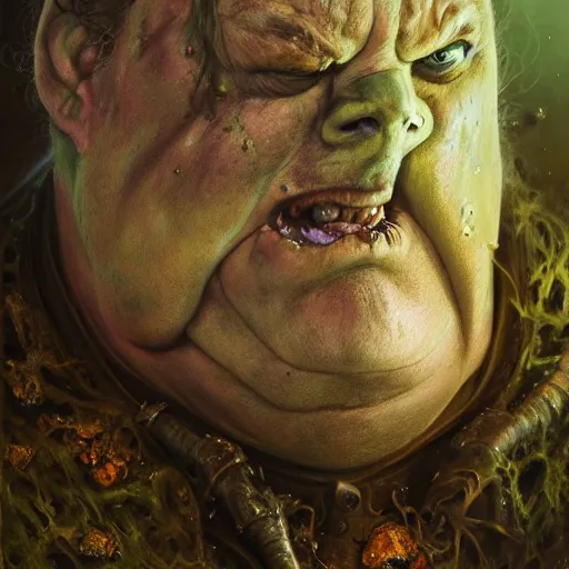 Prompt: closeup portrait shot of john candy as nurgle, the lord of pestilence, the plaguefather, great corrupter, decay, highly detailed, digital painting, artstation, concept art, soft focus, depth of field, artgerm, tomasz alen kopera, peter mohrbacher, donato giancola, wlop, boris vallejo