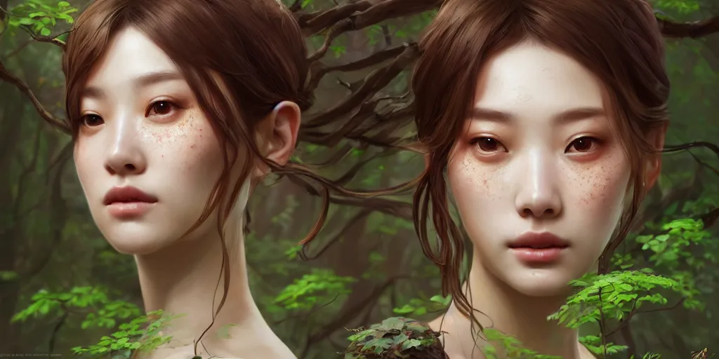 Image similar to beautiful digital painting of a hoyeon jung stylish female forest with high detail, real life skin, freckles, 8 k, stunning detail, works by artgerm, greg rutkowski and alphonse mucha, unreal engine 5, 4 k uhd