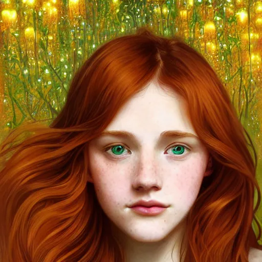 Image similar to portrait of a red haired girl, long hair, green eyes, hint of freckles, beautiful round face, soft amazed smiles, among golden fireflies, highly detailed, deep focus, elegant, digital painting, smooth, sharp focus, golden ratio, illustration, ultra realistic, 8 k, art by artgerm and alphonse mucha